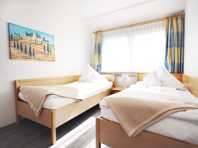 SoVD - helles Doppelzimmer mit zwei Einzelbetten aus Holz und einem Gemälde an der Wand