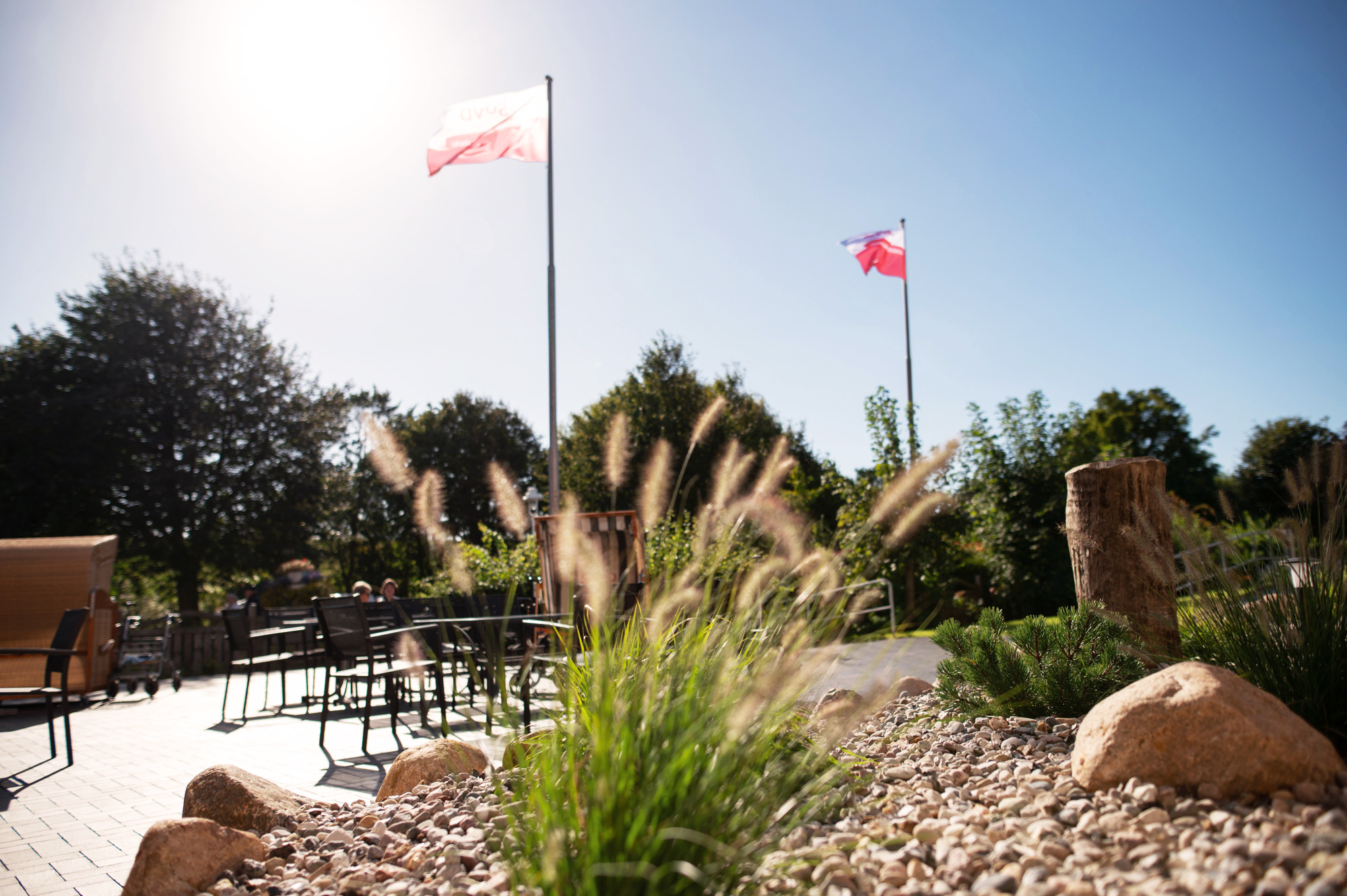 SoVD - Terrasse bei Sonnenschein mit Gartenmöbeln und Pflanzen